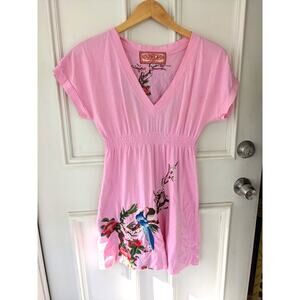JWLA Johnny Was dress birds cherry blossoms embroidery pink cotton